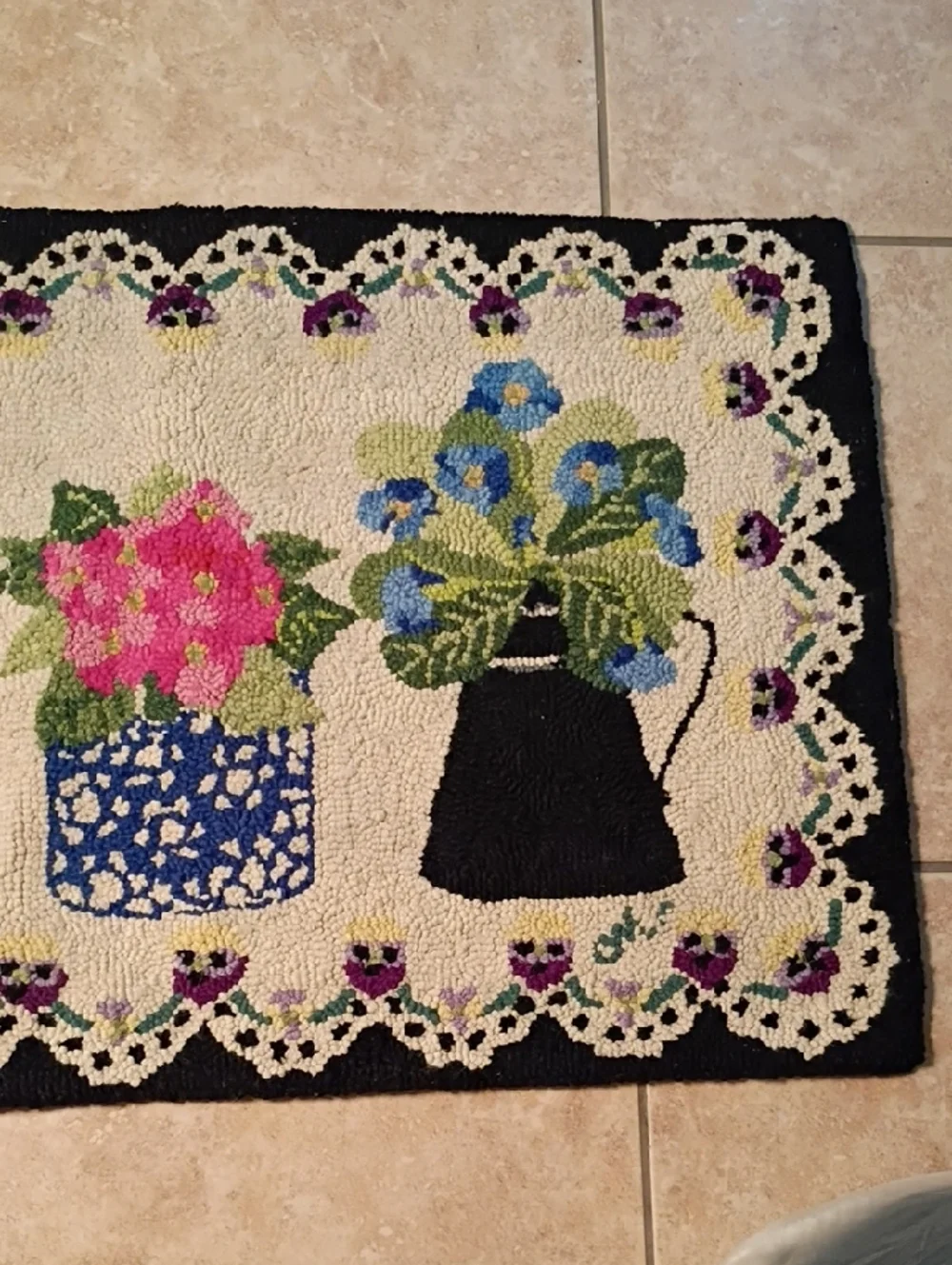 Hooked Floral Potted Plants Accent Door Mat - Cream, Black, Pink, Blue, Green